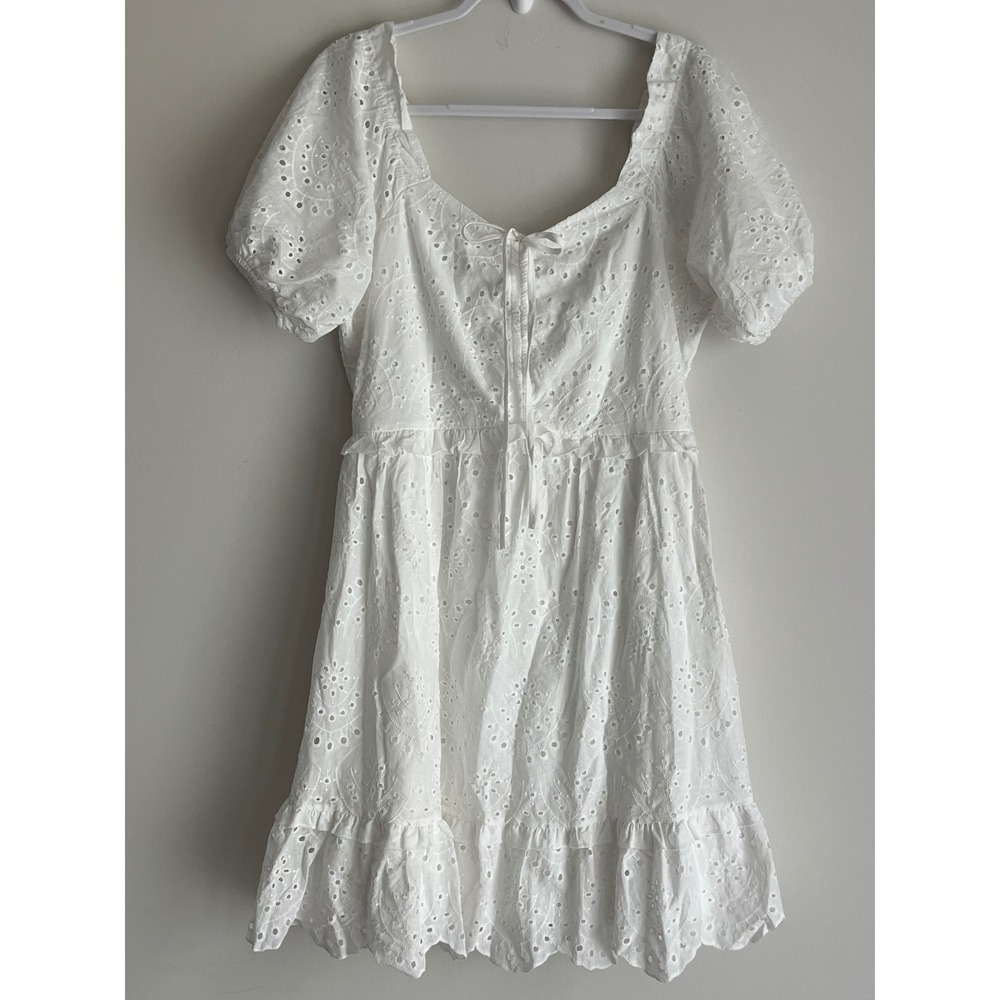 Rebellion Again Women White Cotton Eyelet Puff Sleeve Smocked Mini‎ Dress XL